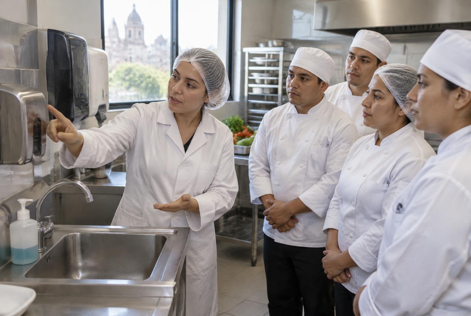 Especialista capacitando a un equipo de cocina junto a la estación de lavado de manos