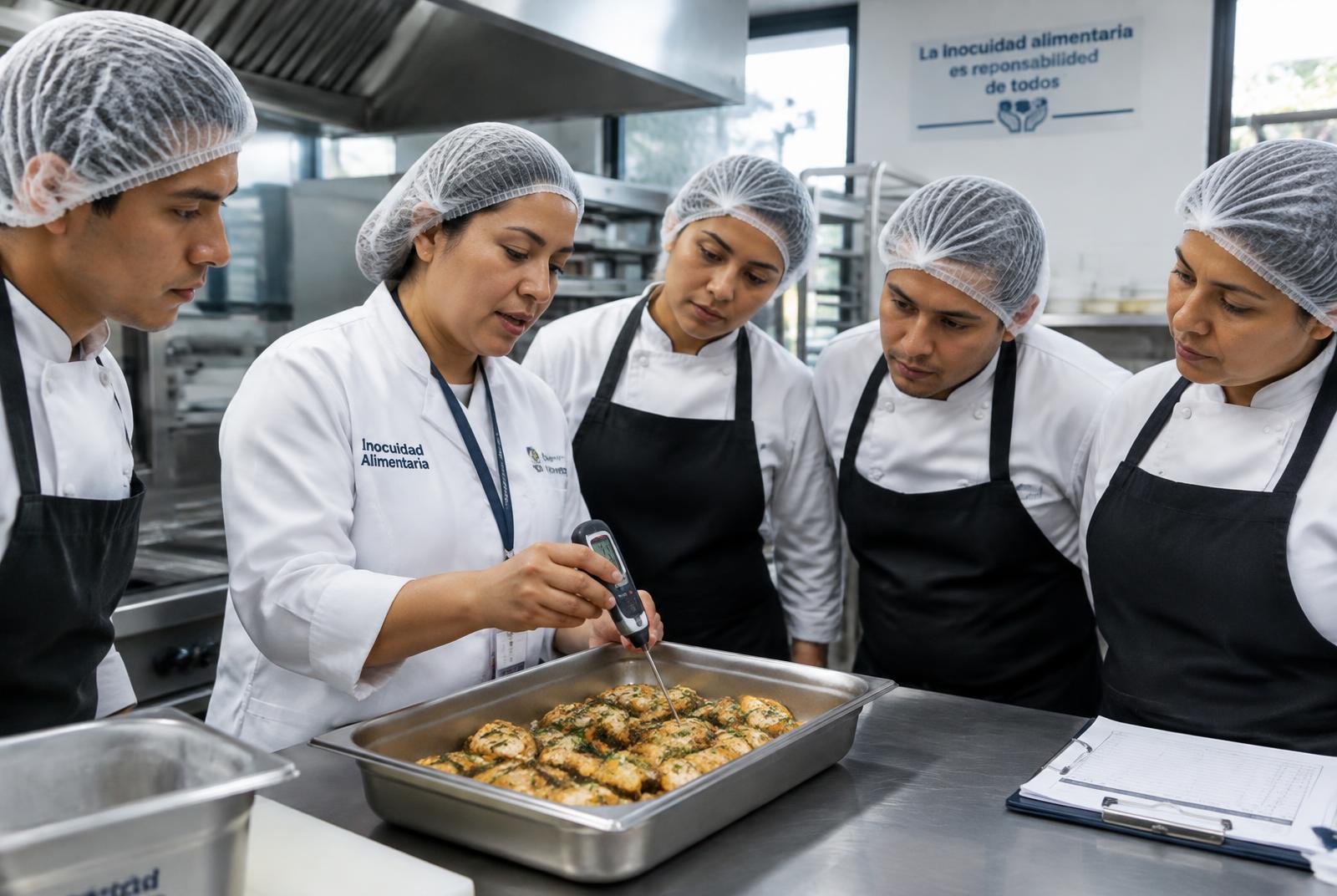 Instructora enseñando al equipo a medir la temperatura de los alimentos