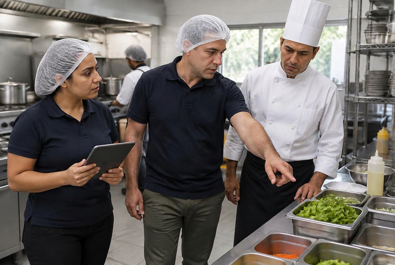 Especialistas recorriendo una cocina profesional con el jefe de cocina