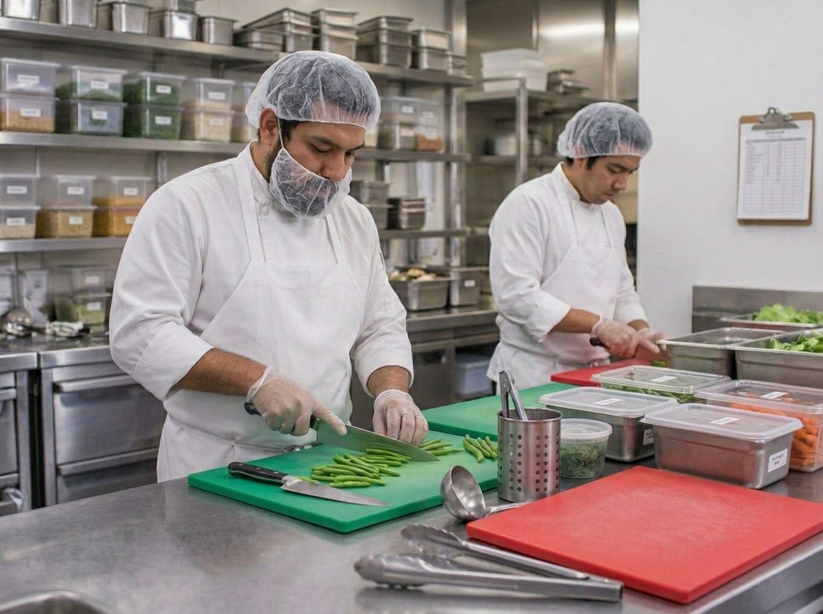 La misma cocina corregida: cabello protegido, guantes, sin joyería, recipientes tapados e identificados y estación ordenada