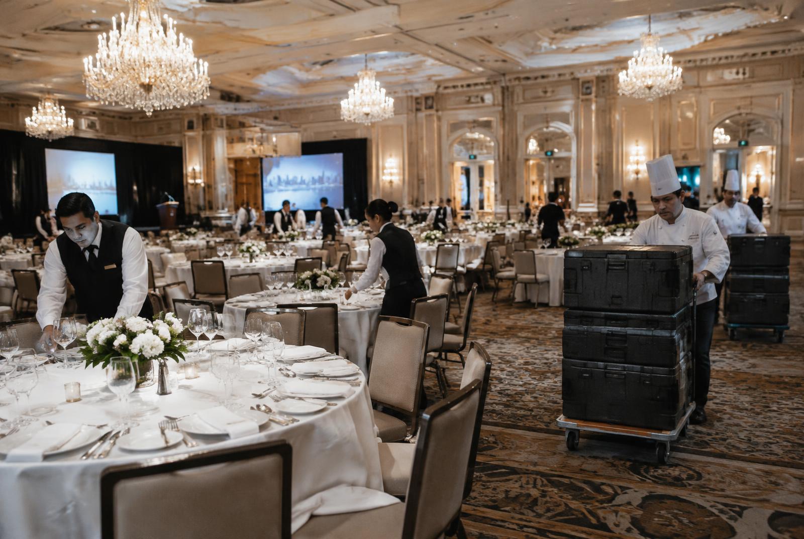 Equipo de banquetes montando un salón de hotel mientras cocina traslada alimentos